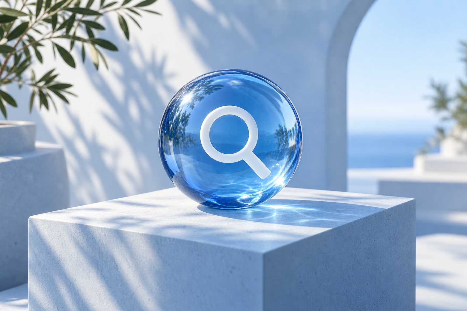 Blue glass search sphere representing AI-assisted discovery